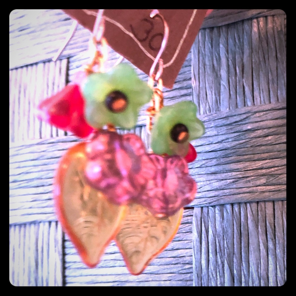 Whimsical jewelry. Glass Flower bead dangling earrings.